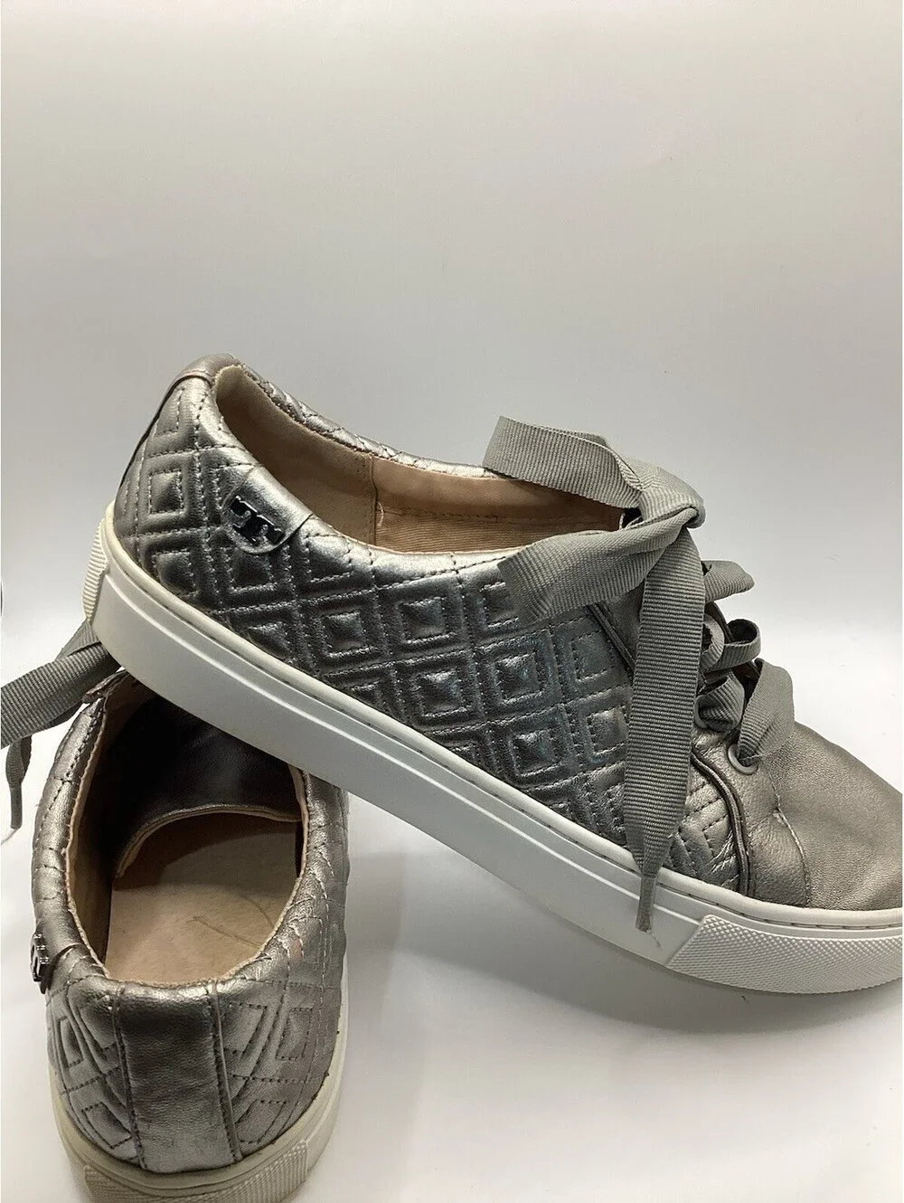 Tory Burch Gold Quilted Leather Low Top Lace-Up Sneakers w/ Logo Accent Size 7.5